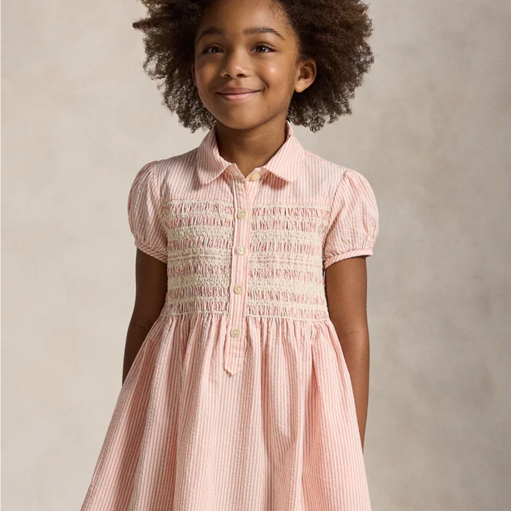 Polo by Ralph Lauren 2t Light Pink/peach and cream seersucker Smocked Polo Dress
